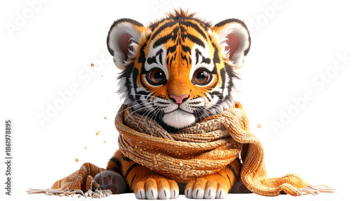 Adorable baby tiger cub with large eyes and orange and black stripes wrapped in a scarf