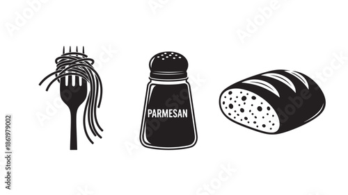 Parmesan cheese with fork and shaker in minimalist black and white illustration for culinary design