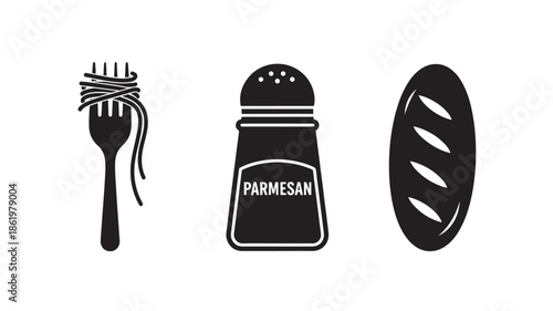 Fork, parmesan cheese shaker, and bread slice in minimalist black silhouette style on white background for culinary icon set