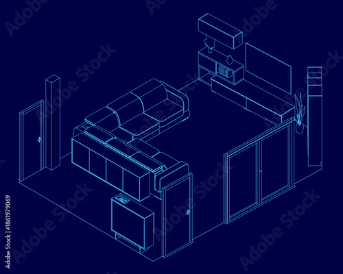 Blueprint of a modern living room interior with a contour-style sofa, a central coffee table, and a decorative houseplant. The clean design is presented on a solid blue background. Isometric view