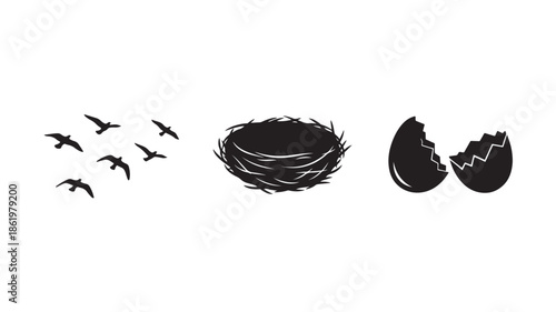 Birds Hatching Silhouette Set in Simple Monochrome Style with Clean Lines and Minimalist Design for Graphic Design