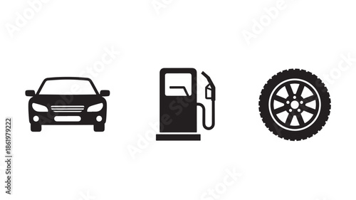 Car, Gas Pump, and Tire Icons in Simple Flat Design with Monochromatic Color Scheme on White Background for Automotive Industry