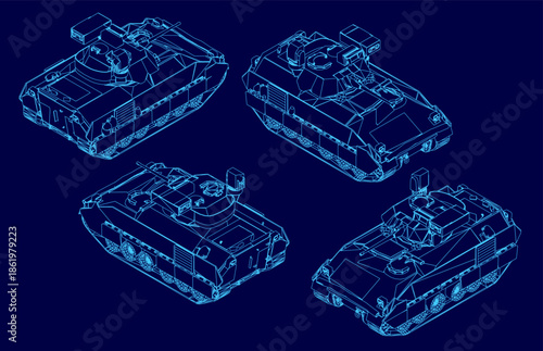A military tank set in blue contour outlines features four distinct armored vehicle designs with detailed tracks and turrets. Isometric view