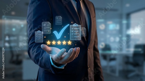 a businessman presenting a holographic display of checklists with a prominent checkmark and five star rating symbols symbolizing quality and successful completion of