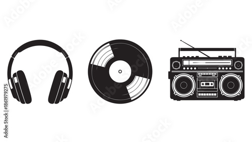 Vintage Headphones, Vinyl Record, and Retro Boombox in Simple Line Art Style with High Contrast Black and White for Music Promotion