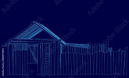 An old wooden barn blueprint with a detailed contour, fence, roof, and walls on a dark blue background.