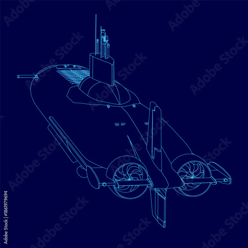 Modern submarine blueprint with sleek contour and intricate details on a stark blue background.