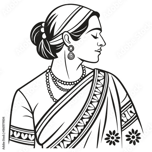 Cultural South Asian Woman in Saree with Floral Jewelry Design