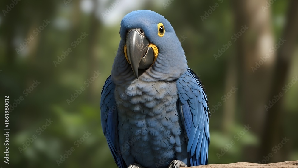 Obraz premium Vibrant blue parrot perched on wooden branch in lush forest