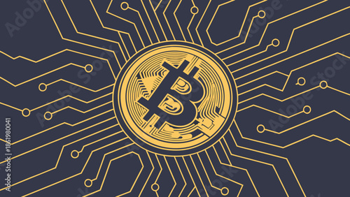 Golden Bitcoin on circuit board Isolated background