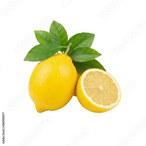 Lemon and lemon slice with leaves isolated PNG.
