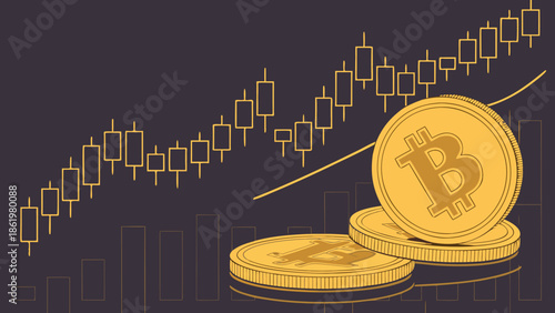 Bitcoin cryptocurrency coins with chart Isolated background