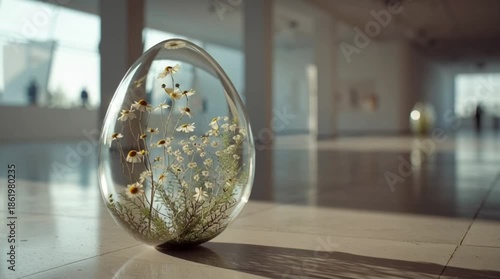 Glass egg sculpture with delicate wildflowers in modern art gallery