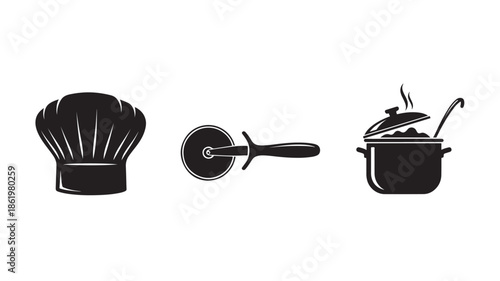 Chef Hat, Pizza Cutter, and Cooking Pot Silhouettes in Simple Flat Design with Black Color on White Background for Culinary Icons