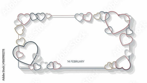 Valentine's Day decoration illustration featuring a frame adorned with colorful hearts and the date '14 FEBRUARY' on a white background.