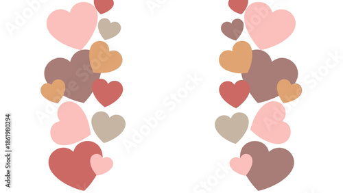 Valentine's Day decoration illustration featuring a frame with multiple colorful hearts in various sizes and shades of pink, red, and brown, against a clean white background.