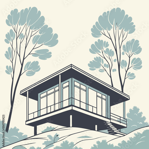 Minimalist cabin with flat roof on elevated platform surrounded by trees