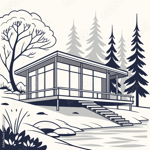 Elevated modern cabin with glass front and deck in woodland setting