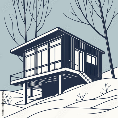 Modern cabin on stilts in snowy landscape with bare trees