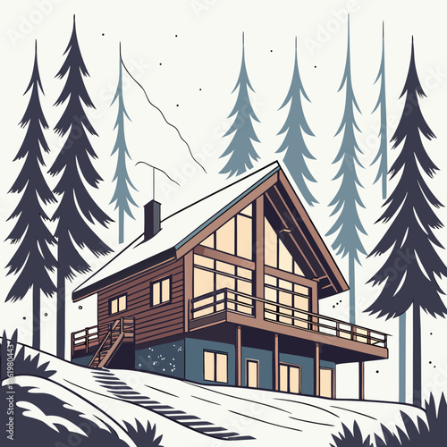 Modern winter cabin on pillars among tall trees modern cabin