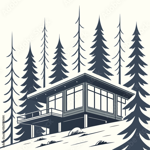 Modern winter cabin on pillars among tall pine trees