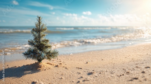 Christmas tree on sandy beach with ocean waves under sunny sky.