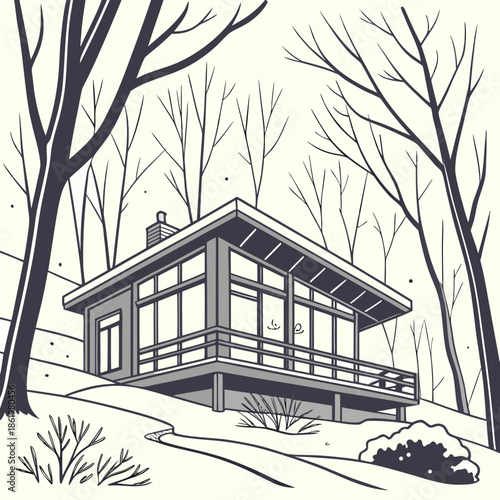 Modern cabin on snowy hill with large windows and deck