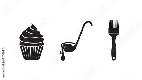Cupcake with frosting, chocolate sauce, and pastry brush in minimalist illustration style with dark color scheme on white background for baking design