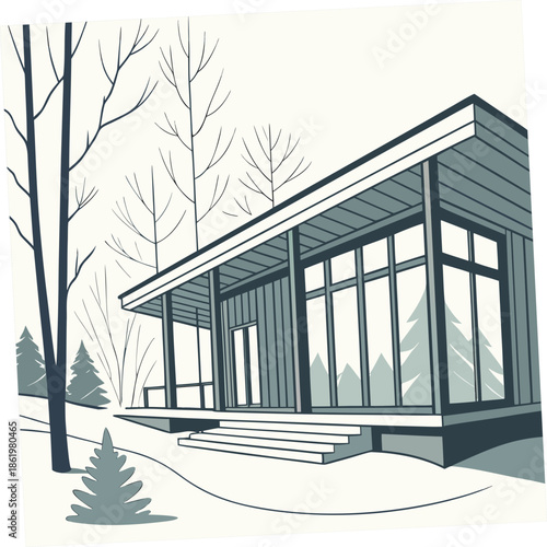 Contemporary winter cabin with large glass windows and snowy surroundings 1