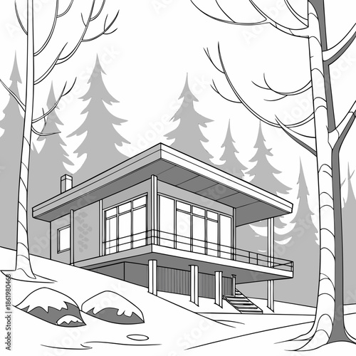 Scandinavian style elevated house with minimalist in snowy forest