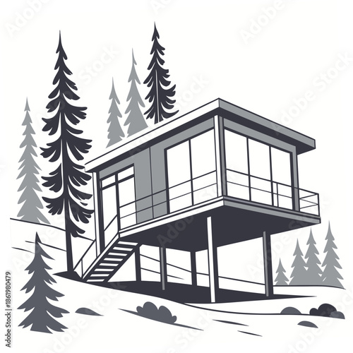 Elevated cabin on stilts surrounded by pine trees forest