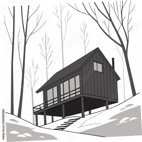 Minimal black cabin on stilts in snowy forest with bare trees