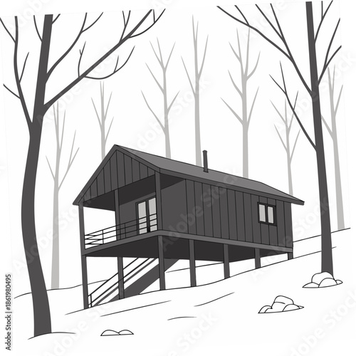 Minimal black cabin architecture raised on stilts in snowy forest