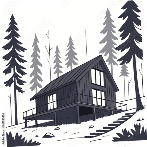 Minimal black cabin on stilts in snowy forest