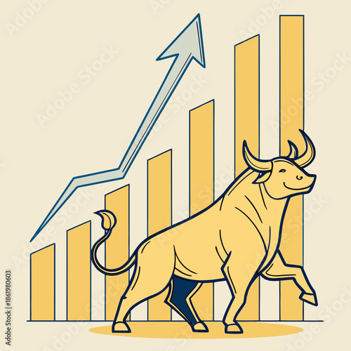 Golden bull standing in front of rising bar graph with upward arrow