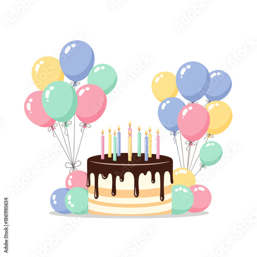 Birthday Cake with Candles and Balloons - Celebration Illustration