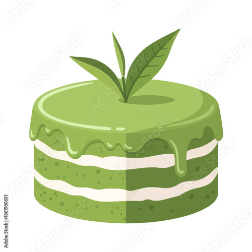 Delicious Matcha Cake with Cream Layers and Fresh Green Tea Leaves