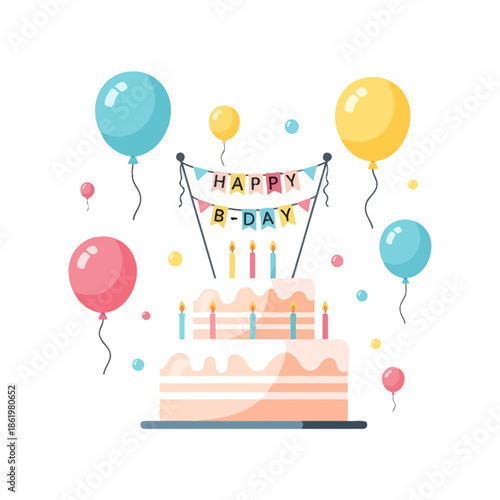 Happy Birthday Celebration Cake with Balloons, Candles and Banner