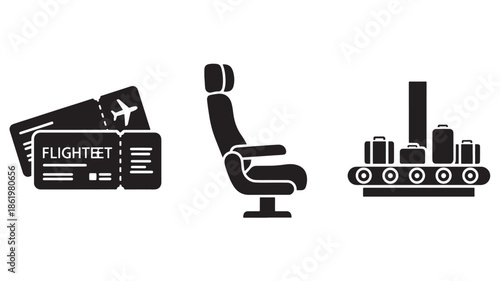 Travel and Transportation Icons in Simple Flat Design with Black Color on White Background for Web Graphics