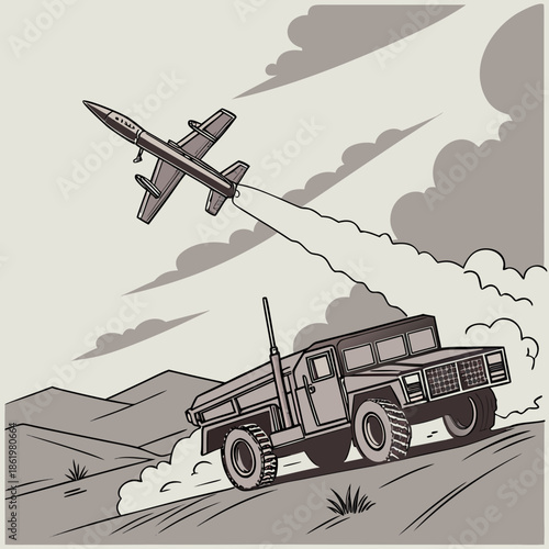 Mobile air defense launcher engaging unmanned aerial vehicle