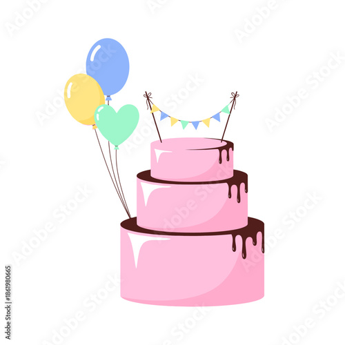 Pink Three Tier Birthday Cake with Balloons and Bunting Flags