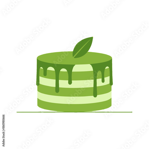 Green Matcha Layer Cake with Drip Glaze and Leaf Topper, Minimalist Illustration