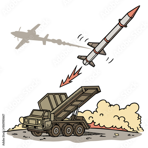 Military truck launching missile at drone missile launcher