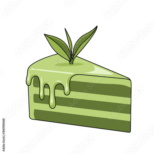 Slice of green tea cake with dripping glaze and fresh leaves on top, isolated on white background.