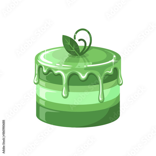 Delicious Green Layer Cake with Mint Glaze and Leaf Decoration
