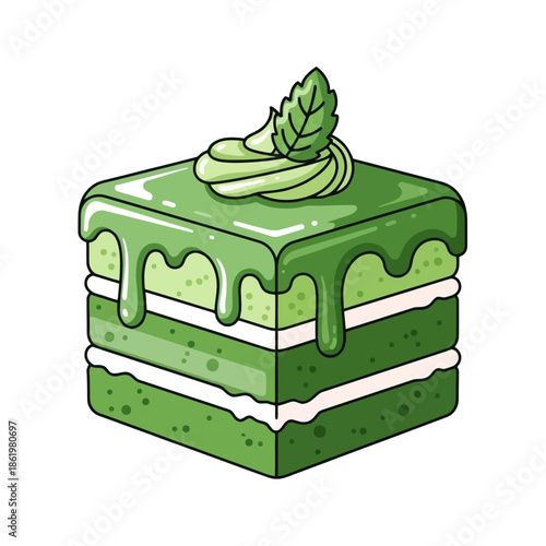 Green Matcha Layer Cake Slice with Mint Leaf Topping - Cute Cartoon Illustration