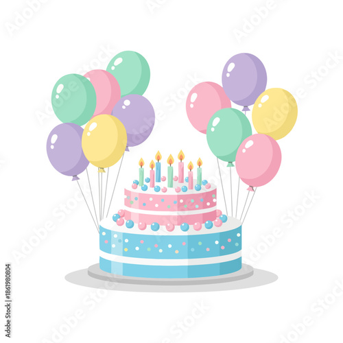 Birthday Cake with Balloons and Candles, Celebration Party, Pastels
