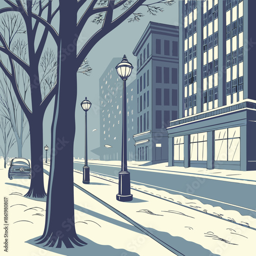 Cold misty city street with snow accumulation and bare trees