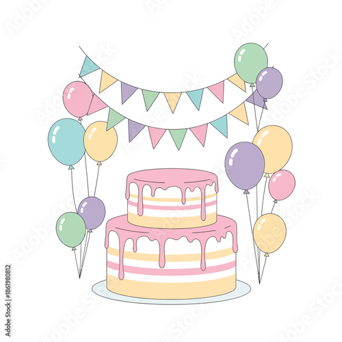 Celebration Cake with Balloons and Bunting Flags - Birthday Party Decor