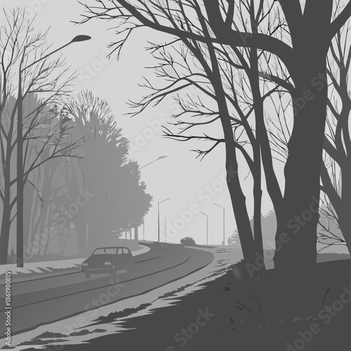 Winter fog atmosphere with barely visible road and trees